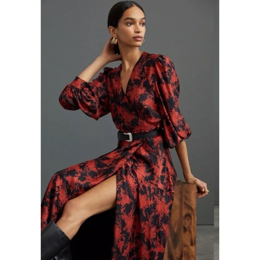 Anthropologie Caballero Red Abstract Silk Wrap Midi Dress SZ XS Romantic